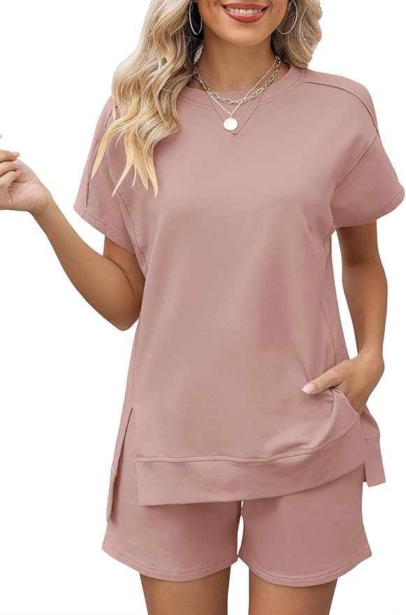 Wholesale Women's 2 Piece Outfits Sweatsuits Short Sleeve Summer Loungewear Tracksuit Round Neck Lounge Shorts Sets