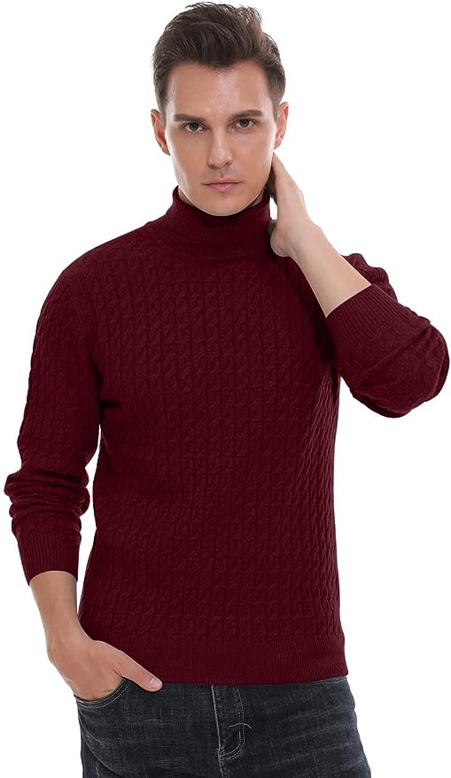 Men's Twisted Knitted Turtleneck Sweater Casual Soft Pullover Sweaters - Wine Red