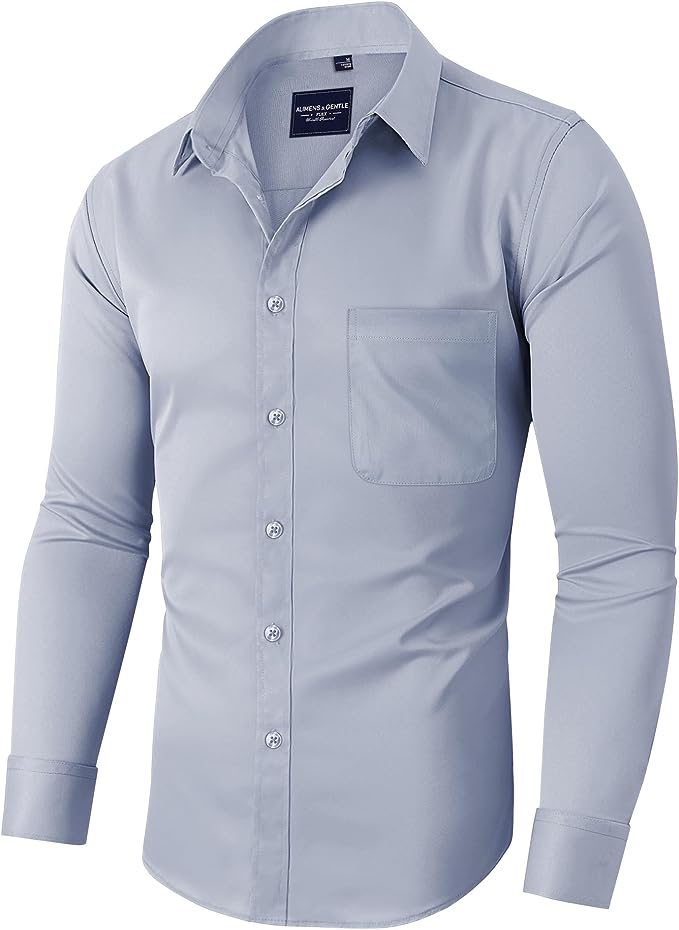 Men's Dress Shirts Wrinkle-Free Long Sleeve Stretch Solid Formal Business Button Down Shirt with Pocket - Silver Men's Dress Shirts Wrinkle-Free Long Sleeve Stretch Solid Formal Business Button Down Shirt with Pocket - Silver