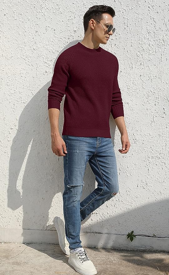 Men's Crewneck Casual Sweater Structured Knit Pullover - Red Wine