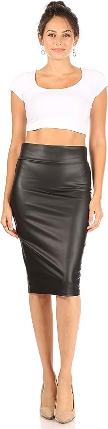 Women's Leather Pencil Skirt Below Knee Length Skirt Midi Bodycon Skirt - Black