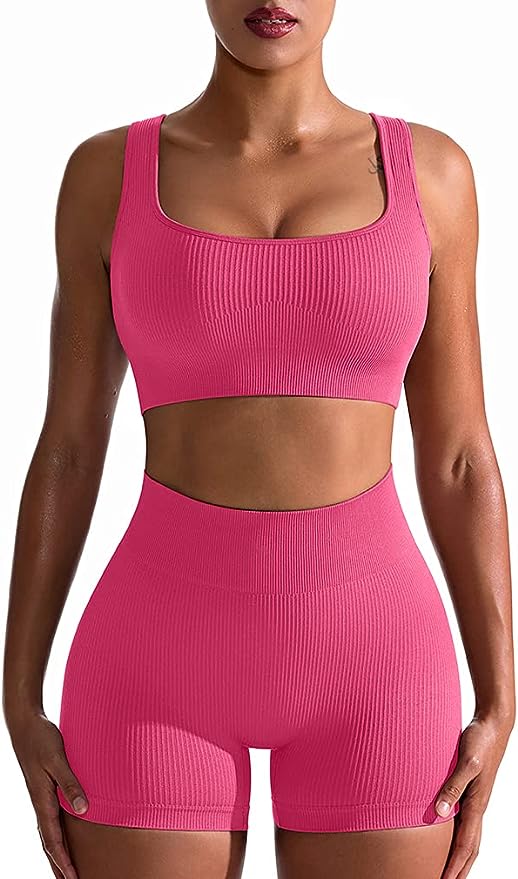 Women's 2 Piece Seamless Ribbed High Waist Short with Sports Bra Exercise Set - All Colors