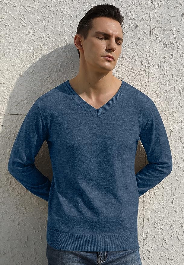 Men's V-Neck Casual Sweater Structured Knit Pullover - Blue