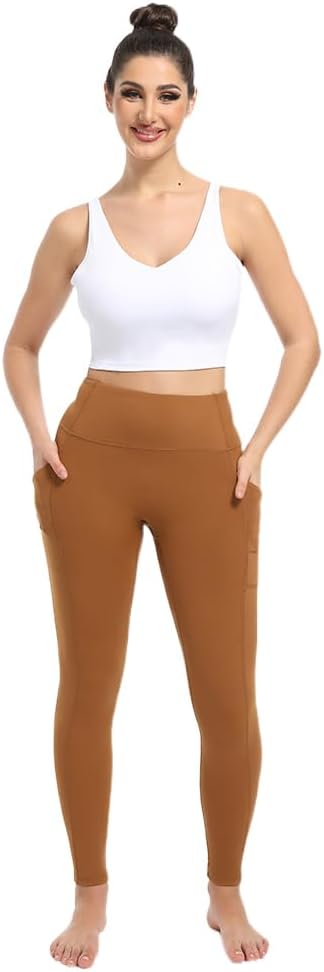 Women's Leggings with Pockets High Waist Tummy Control Yoga Pants - Brown