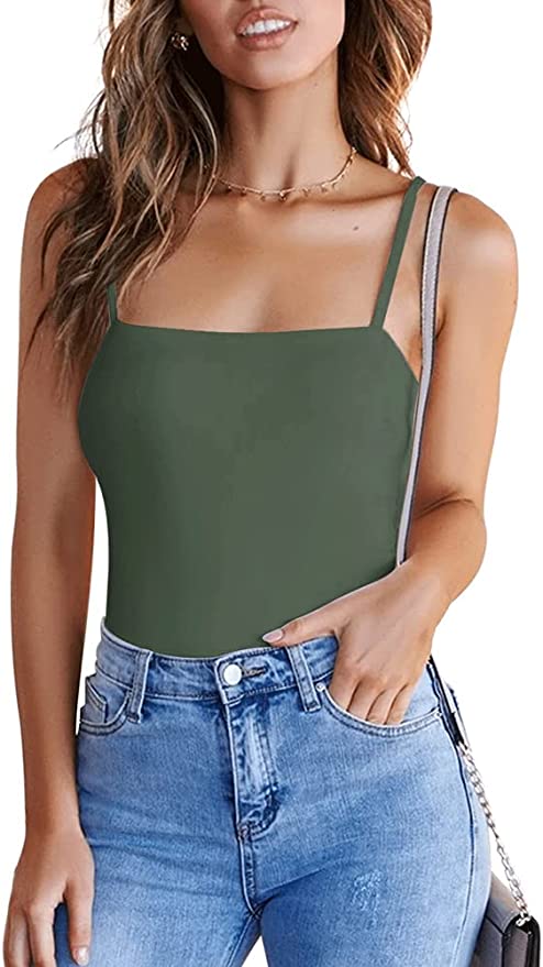 Wholesale Women's Adjustable Spaghetti Strap Square Neck Sleeveless Tank Thong Bodysuits Tops