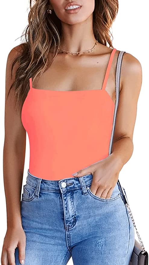 Wholesale Women's Adjustable Spaghetti Strap Square Neck Sleeveless Tank Thong Bodysuits Tops