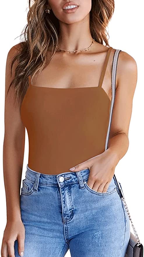 Wholesale Women's Adjustable Spaghetti Strap Square Neck Sleeveless Tank Thong Bodysuits Tops