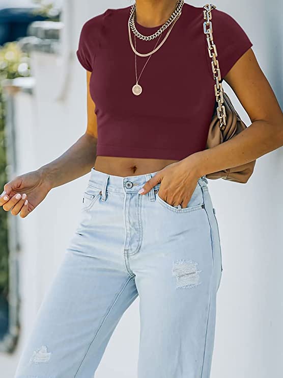Wholesale Women's Short Sleeve High Neck Double Lined Tight T Shirts Crop Tops Tees