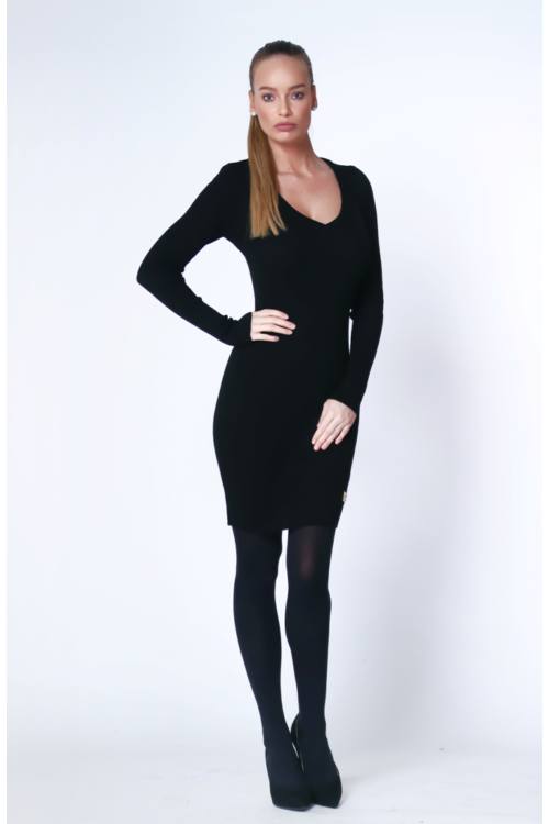 V Neck Rib Knit Mini Dress