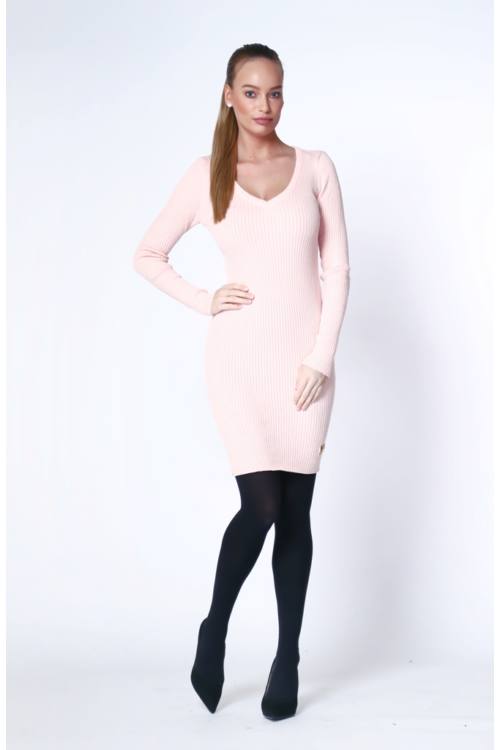 V Neck Rib Knit Mini Dress