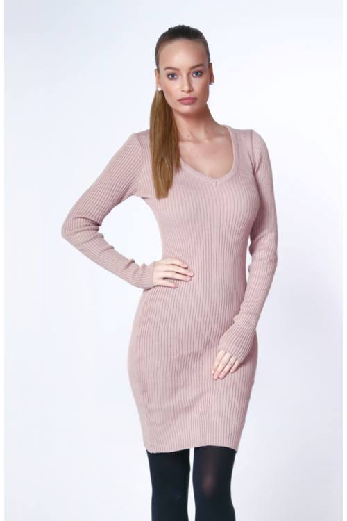 V Neck Rib Knit Mini Dress