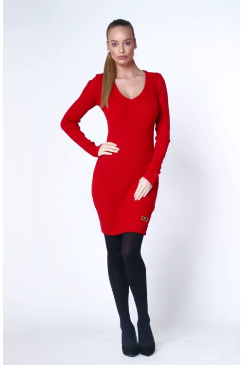 V Neck Rib Knit Mini Dress