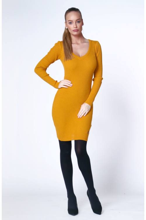 V Neck Rib Knit Mini Dress