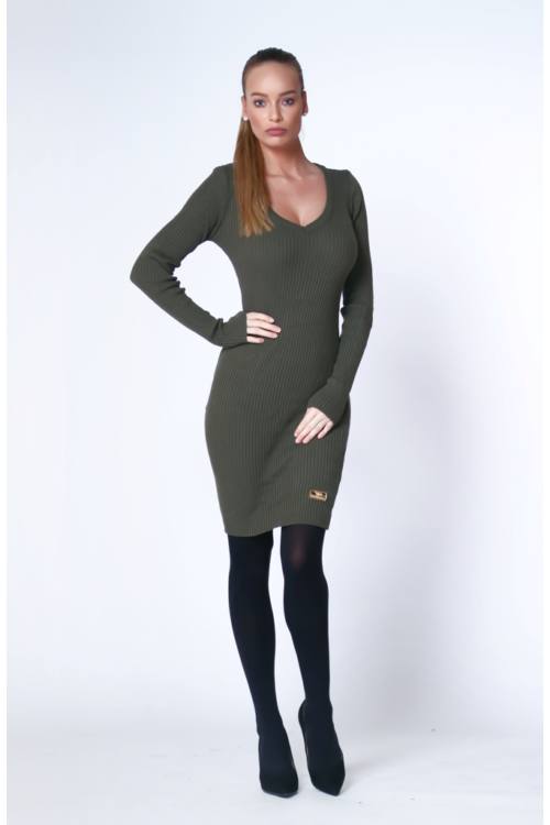 V Neck Rib Knit Mini Dress