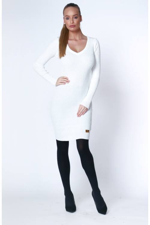 V Neck Rib Knit Mini Dress