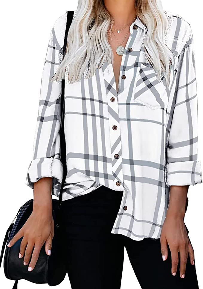 Wholesale Women's Long Sleeve V-Neck Stripes Casual Blouses Pocket Button Down Shirt Tops