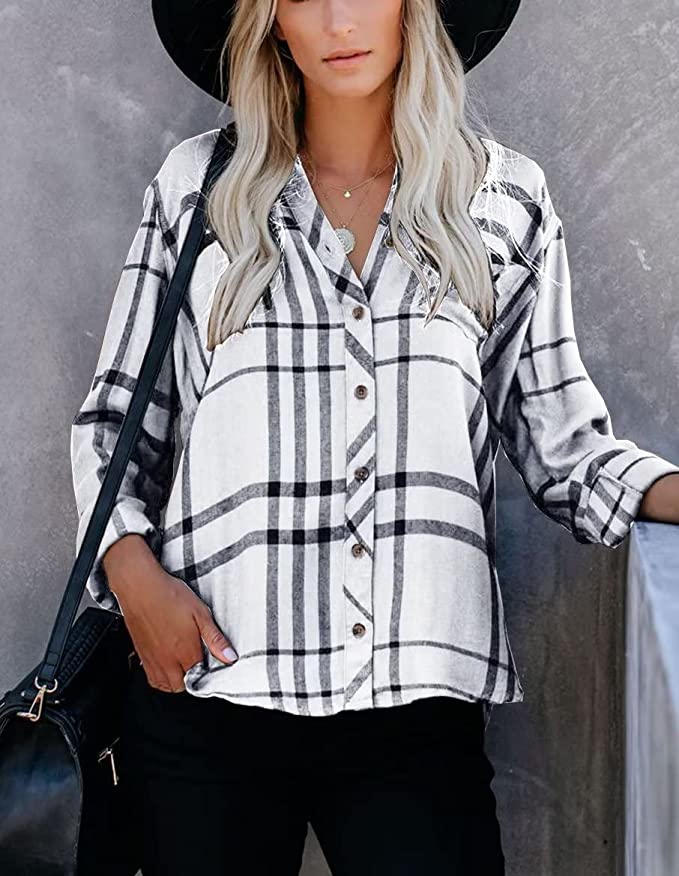 Wholesale Women's Long Sleeve V-Neck Stripes Casual Blouses Pocket Button Down Shirt Tops