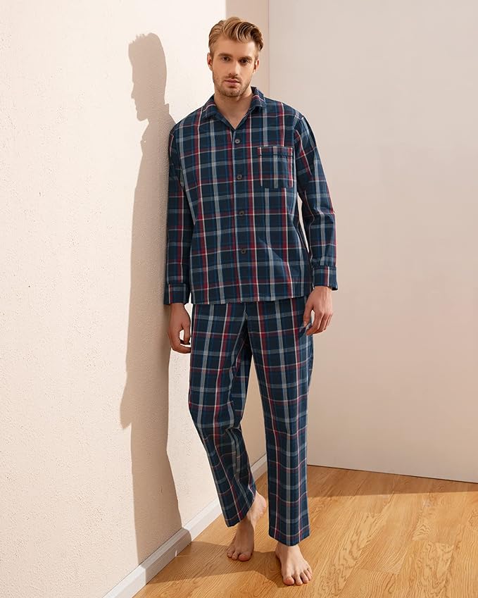 Wholesale Men's Pajama Sets Pocket Woven Cotton Knit Plaid Button Men's Loungewear Sleepwear Sets