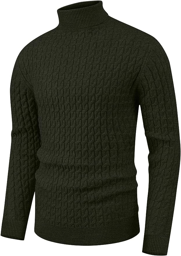 Men's Twisted Knitted Turtleneck Sweater Casual Soft Pullover Sweaters - Army Green