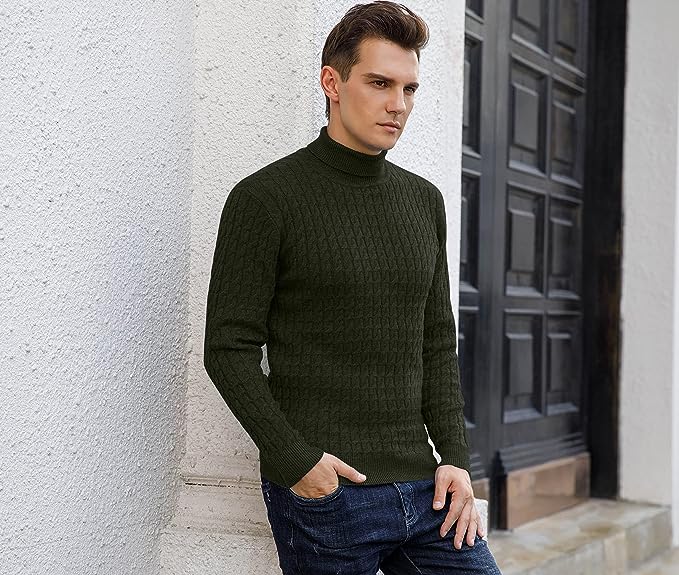Men's Twisted Knitted Turtleneck Sweater Casual Soft Pullover Sweaters - Army Green