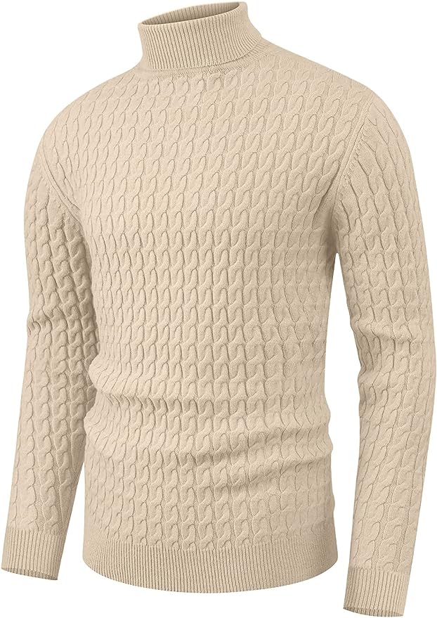 Men's Twisted Knitted Turtleneck Sweater Casual Soft Pullover Sweaters - Beige