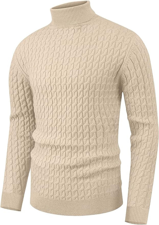 Men's Twisted Knitted Turtleneck Sweater Casual Soft Pullover Sweaters - Beige