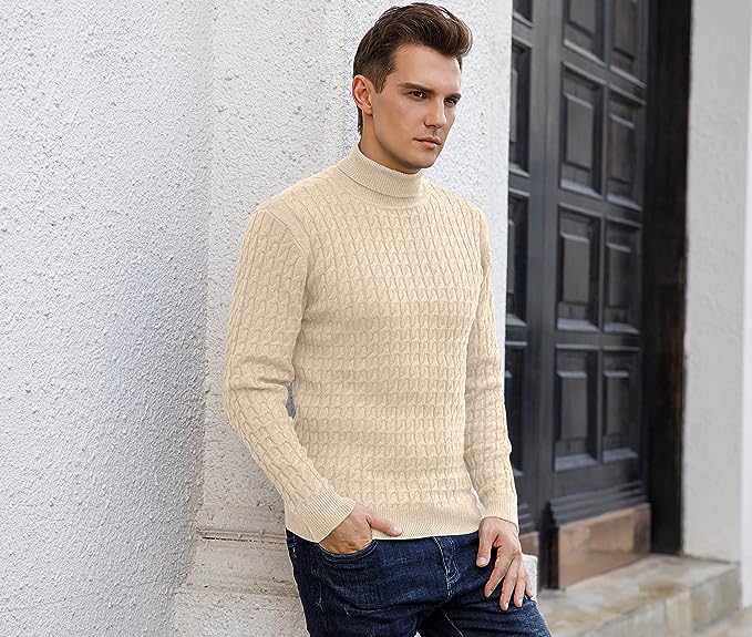 Men's Twisted Knitted Turtleneck Sweater Casual Soft Pullover Sweaters - Beige