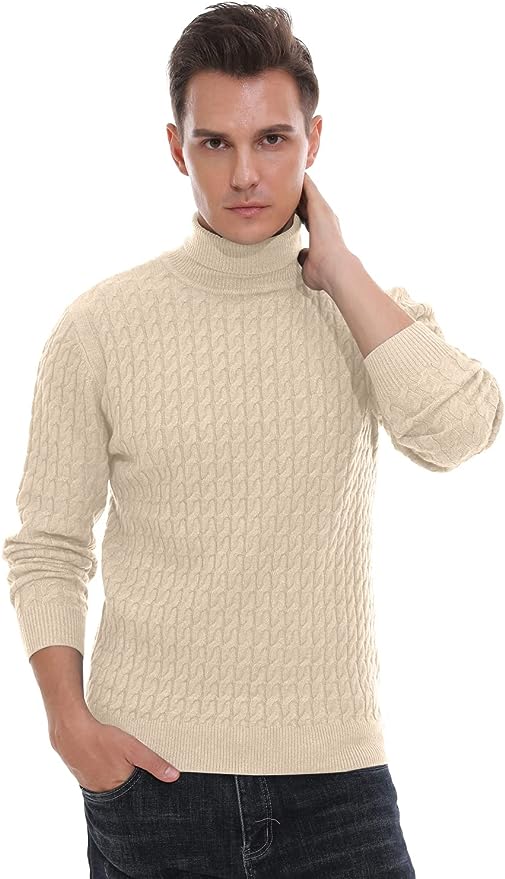 Men's Twisted Knitted Turtleneck Sweater Casual Soft Pullover Sweaters - Beige