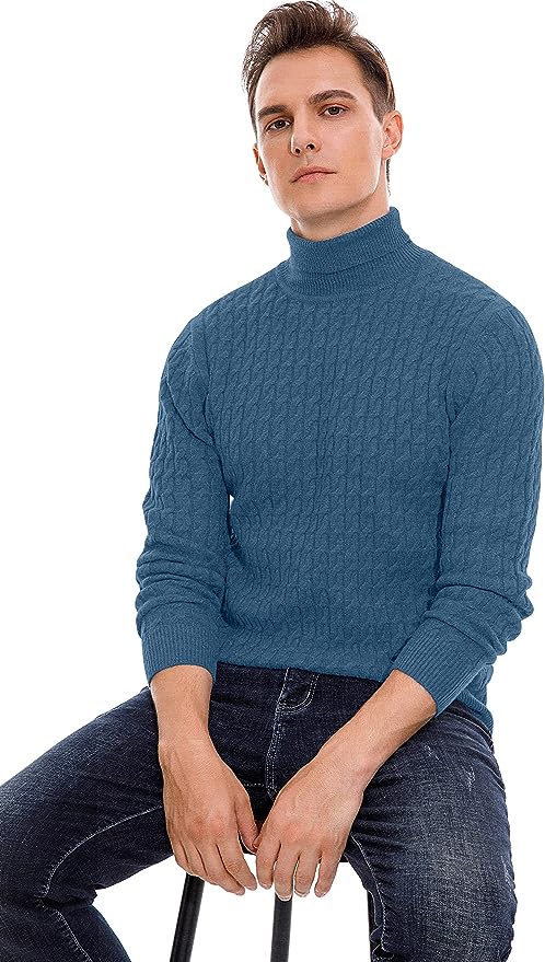 Men's Twisted Knitted Turtleneck Sweater Casual Soft Pullover Sweaters - Blue