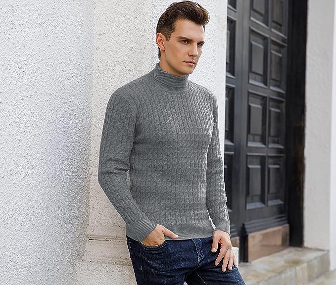 Men's Twisted Knitted Turtleneck Sweater Casual Soft Pullover Sweaters - Grey