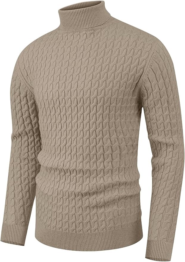 Men's Twisted Knitted Turtleneck Sweater Casual Soft Pullover Sweaters - Khaki