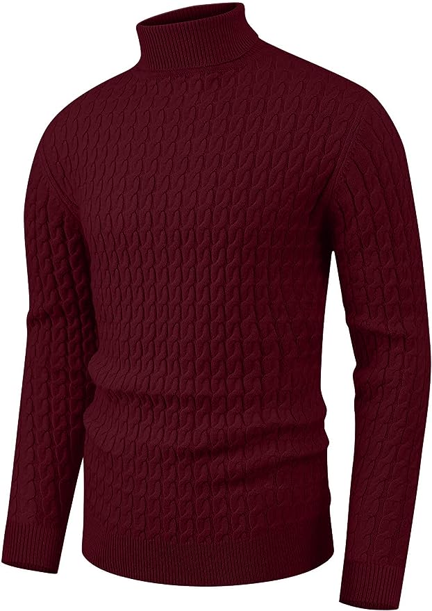 Men's Twisted Knitted Turtleneck Sweater Casual Soft Pullover Sweaters - Wine Red