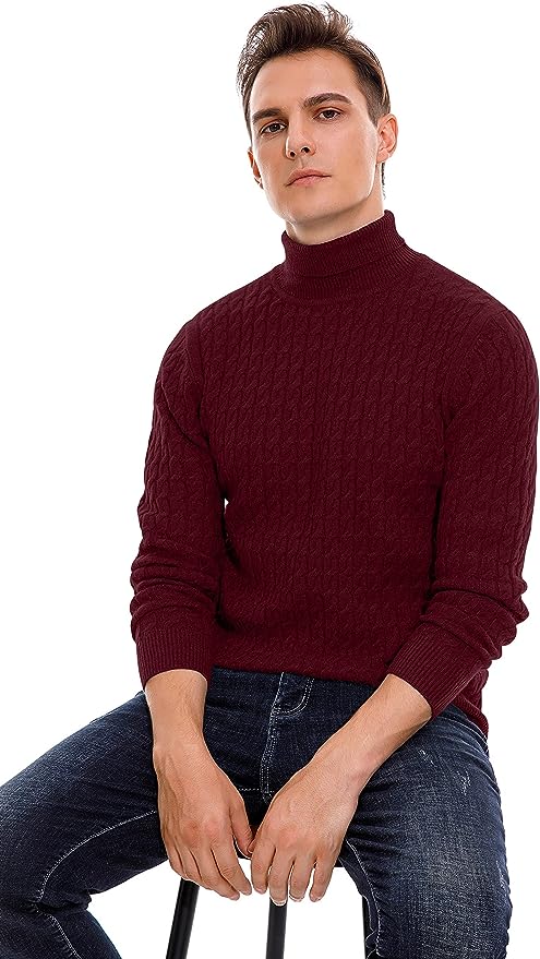 Men's Twisted Knitted Turtleneck Sweater Casual Soft Pullover Sweaters - Wine Red