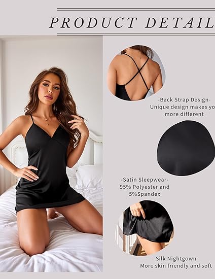 Wholesale Women's Satin Nightgown V Neck Spaghetti Strap Nightdress Silk Slip - Black