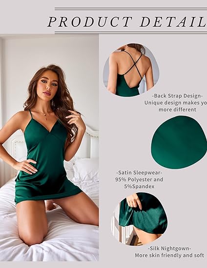 Wholesale Women's Satin Nightgown V Neck Spaghetti Strap Nightdress Silk Slip - Green