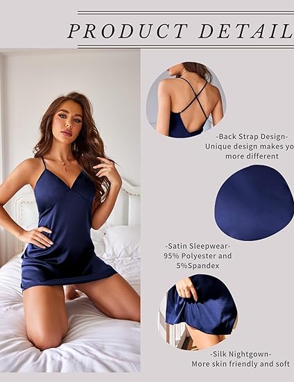 Wholesale Women's Satin Nightgown V Neck Spaghetti Strap Nightdress Silk Slip - Navy