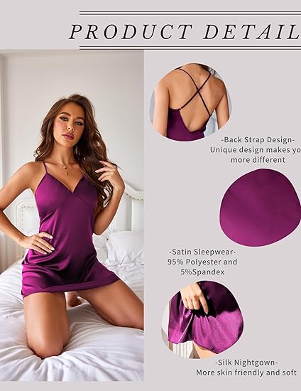 Wholesale Women's Satin Nightgown V Neck Spaghetti Strap Nightdress Silk Slip - Purple