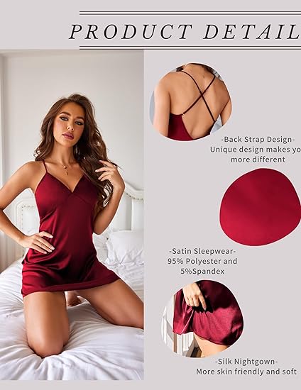 Wholesale Women's Satin Nightgown V Neck Spaghetti Strap Nightdress Silk Slip - Red