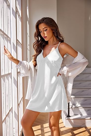 Wholesale Women's Satin Nightgown V Neck Spaghetti Strap Nightdress Silk Slip - White