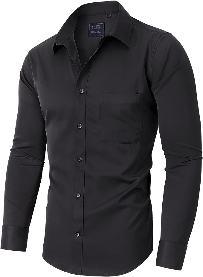Men's Dress Shirts Wrinkle-Free Long Sleeve Stretch Solid Formal Business Button Down Shirt with Pocket - Black
