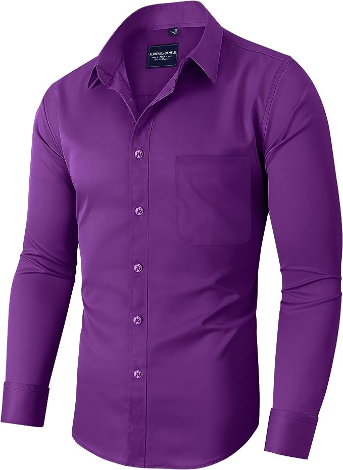 Men's Dress Shirts Wrinkle-Free Long Sleeve Stretch Solid Formal Business Button Down Shirt with Pocket - Dark Purple