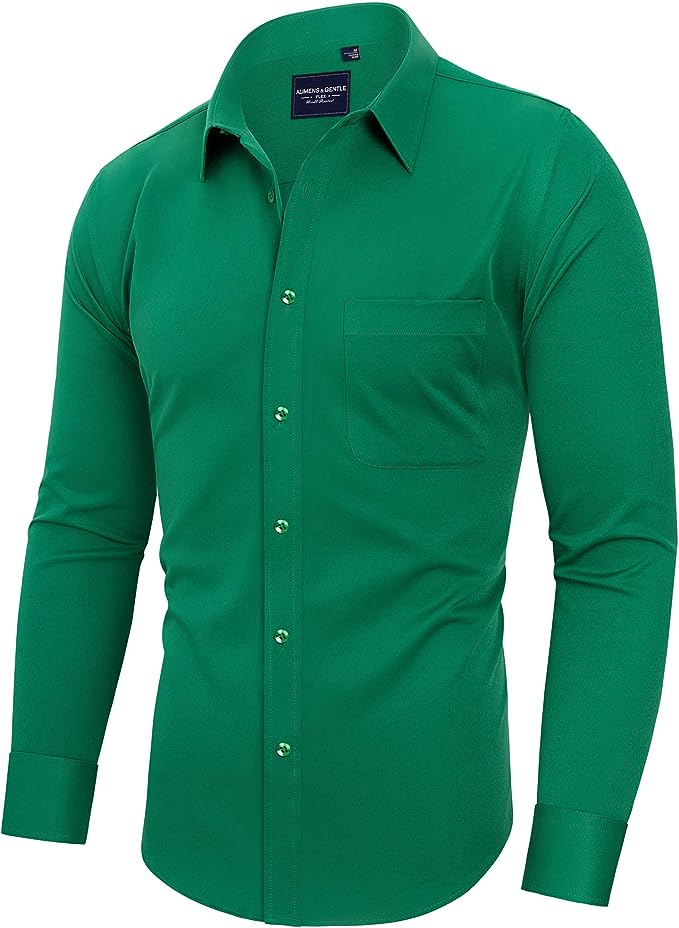 Men's Dress Shirts Wrinkle-Free Long Sleeve Stretch Solid Formal Business Button Down Shirt with Pocket - Green