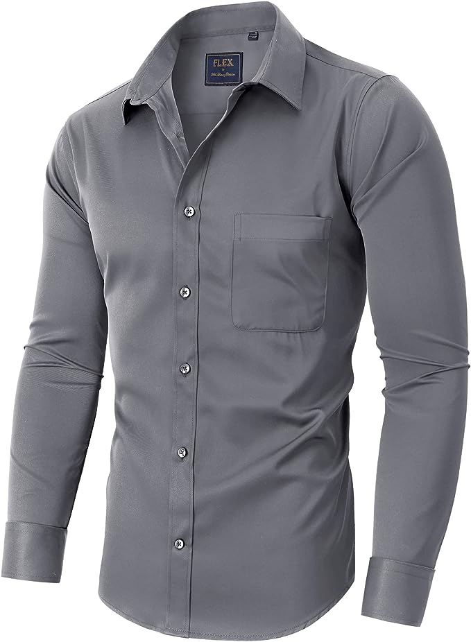 Men's Dress Shirts Wrinkle-Free Long Sleeve Stretch Solid Formal Business Button Down Shirt with Pocket - Grey
