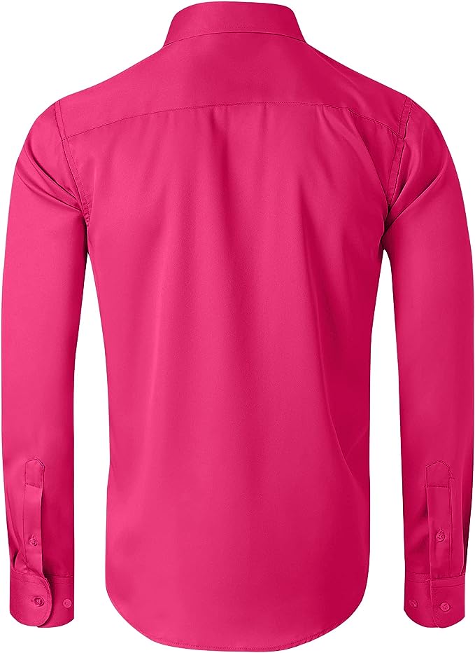 Men's Dress Shirts Wrinkle-Free Long Sleeve Stretch Solid Formal Business Button Down Shirt with Pocket - Hot Pink