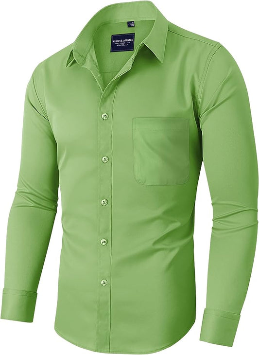 Men's Dress Shirts Wrinkle-Free Long Sleeve Stretch Solid Formal Business Button Down Shirt with Pocket - light Green