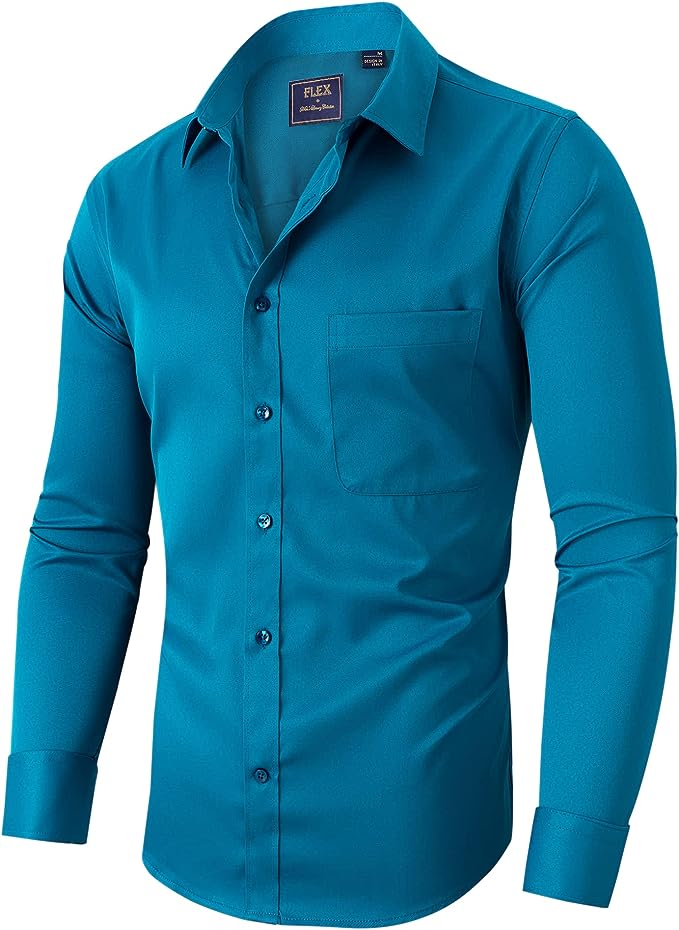 Men's Dress Shirts Wrinkle-Free Long Sleeve Stretch Solid Formal Business Button Down Shirt with Pocket - Petrol