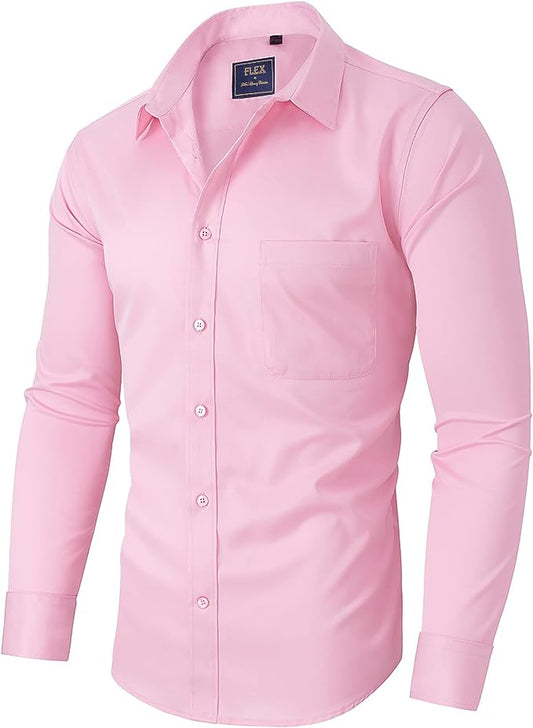 Men's Dress Shirts Wrinkle-Free Long Sleeve Stretch Solid Formal Business Button Down Shirt with Pocket - Pink