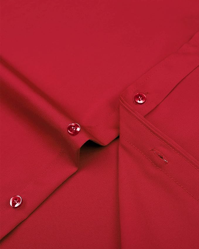 Men's Dress Shirts Wrinkle-Free Long Sleeve Stretch Solid Formal Business Button Down Shirt with Pocket - Red