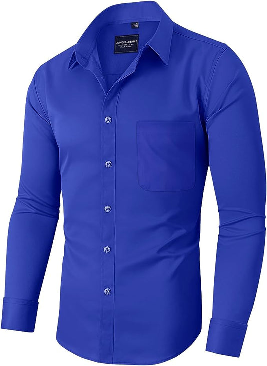 Men's Dress Shirts Wrinkle-Free Long Sleeve Stretch Solid Formal Business Button Down Shirt with Pocket - Royal Blue