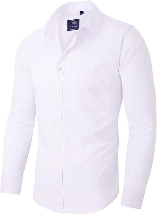 Men's Dress Shirts Wrinkle-Free Long Sleeve Stretch Solid Formal Business Button Down Shirt with Pocket - White